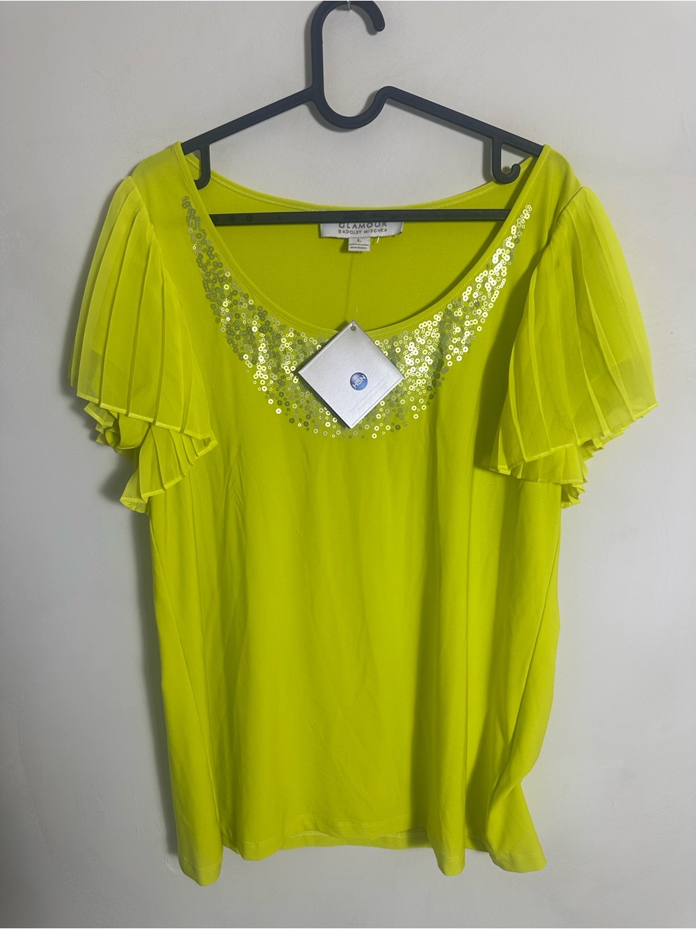 Badgley Mischka AMERICAN GLAMOUR Sequin-Trim Flutter Sleeve Top in Neon Yellow L